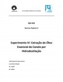 Relatório Química Organica - Extração do Óleo Essencial da Canela por Hidrodestilação